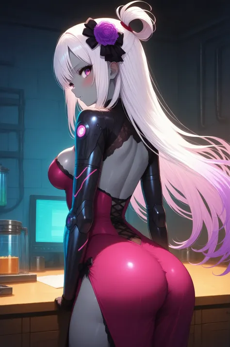 Masterpiece, best quality, ultra-detailed, 1girl, solo, rear side view, cowboy shot, Ruinala, dark grey skin, 