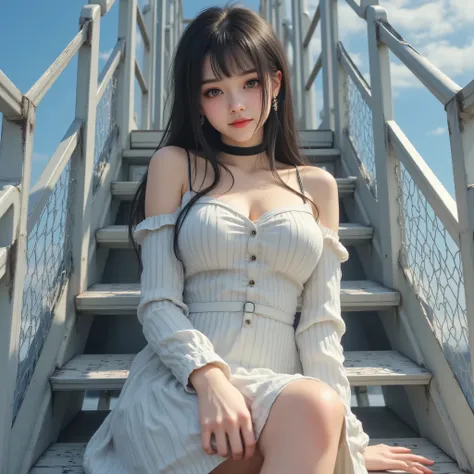 、Highest Quality、Super Detailed、((Female teacher lying on deck on the roof of a skyscraper))、A strict looking female teacher is lying on just the right stairs、and wears undercover eyewear、long hairが風に軽くなびき、 fence、in a photorealistic style、Beautiful Woman、...