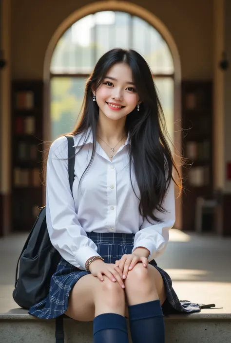 A breathtaking photograph crafted by a professional photographer in photomaker style, presented in flawless 8k HD quality, showcasing a lone 18-year-old schoolgirl, an idol-like figure with a happy, radiant smile, designed for an AV actress package photo. ...