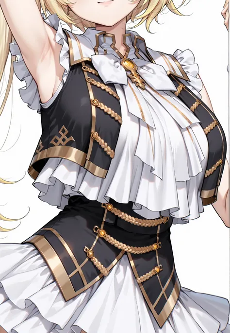 armpits, ((gold trimmed black long corset)), nijisaracos,((ruffle shoulder white shirt)), ((long white shirt)), long shirt overhang,sleeveless,((black vest)),((gold trimmed black vest)),((gold trimmed crop top vest)),gold trimmed open vest,((aiguillette)),...