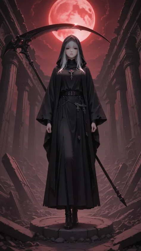 super high resolution、Artwork、precise details、Silent Woman Reaper、Emotionless face、Deep black eyes、Giant Reaper's Scythe、Sharp White Blade、Light Reflecting Blade、Black Foggy Robe、slender figure、Messenger of Death、Figure floating in the air、Ancient Ruins、Br...