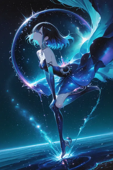 (masterpiece, Highest Quality, ultra-detailed anime-style digital painting),
1girl, A beautiful girl who embodies the constellation Aquarius, Graceful ethereal,
((I'm holding my knee and floating in the air))、
long black hair with sparkling silver-blue...