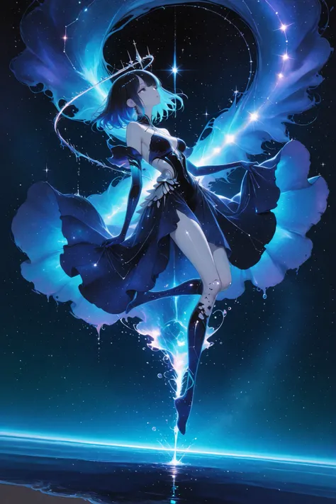 (masterpiece, Highest Quality, ultra-detailed anime-style digital painting),
1girl, A beautiful girl who embodies the constellation Aquarius, Graceful ethereal,
((I'm holding my knee and floating in the air))、
long black hair with sparkling silver-blue...