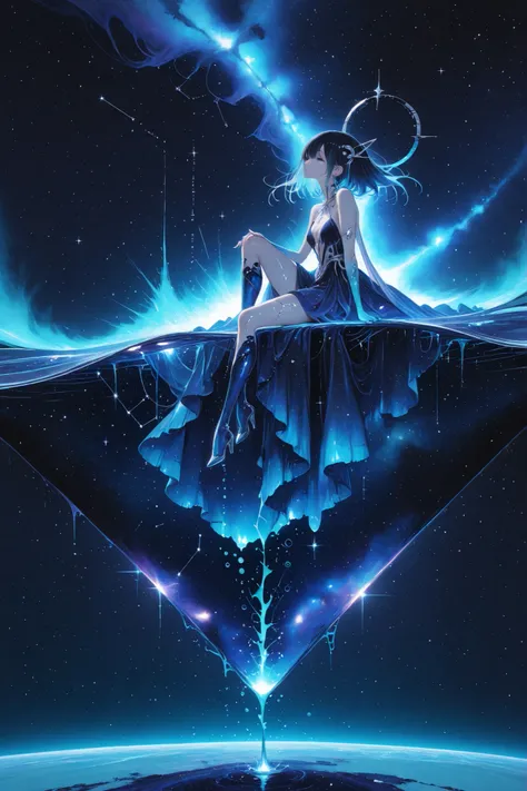 (masterpiece, Highest Quality, ultra-detailed anime-style digital painting),
1girl, A beautiful girl who embodies the constellation Aquarius, Graceful ethereal,
((I'm holding my knee and floating in the air))、
long black hair with sparkling silver-blue...