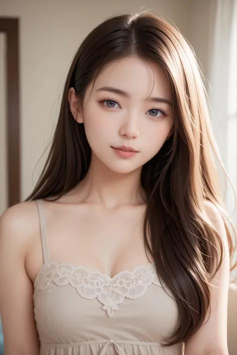 A realistic digital photograph of a Japanese woman with absolutely long hair. her ash beige hair reaching her hip that changes tone with the light. high.  She has large slightly upturned eyes (outer corners about 10mm higher than inner corners), a softly r...
