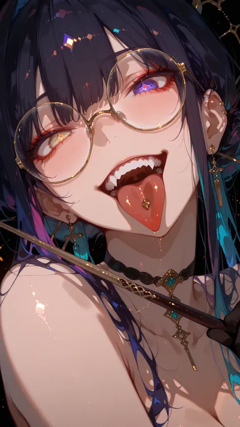 Gold Rimmed,round glasses,focus on her face,tsurime,evil grin,sticks out tongue,tongue piercing,dark.nude