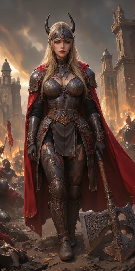 "A fierce female Viking warrior standing confidently on a smoky battlefield. She wears a dark, intricately detailed horned helmet and a full set of ornate, battle-worn steel armor with sculpted chest plating and leather straps. Her long, flowing blonde hai...