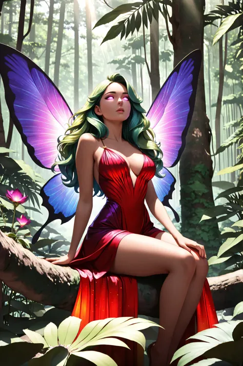 aidmaMJ6.1, Masterpiece , best quality , absurd res ,a picture of a jungle fairy, an extraordinary beautiful, elegant beauty, divine beautiful fairy, spread butterfly wings, blue and purple wings, pink eyes, glowing eyes, best detailed face,  green hair, r...