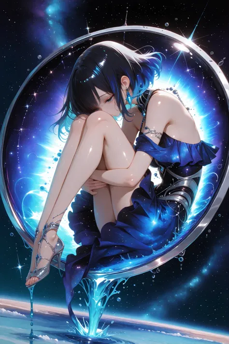 (masterpiece, Highest Quality, ultra-detailed anime-style digital painting),
1girl, A beautiful girl who embodies the constellation Aquarius, Graceful ethereal,
((I'm holding my knees, curled up, and floating in the air))、
long black hair with sparklin...