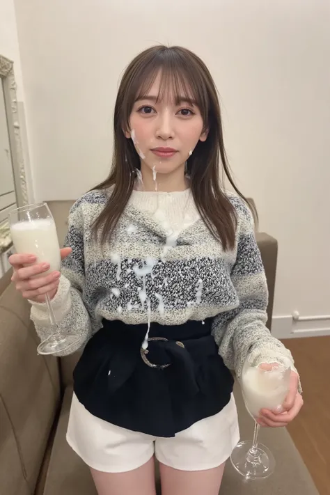 (of the highest quality、desktop、 8,000、of the highest quality)、(There's a lot of cum on her face:1.5)、(knitted sweater covered with semen:1.5)、一只手比着胜利✌🏻手势、(Japanese beauty:1.2)、( Beautiful face :1.1)、(Perfect beauty:1.1)、(holding a wine glass filled with m...