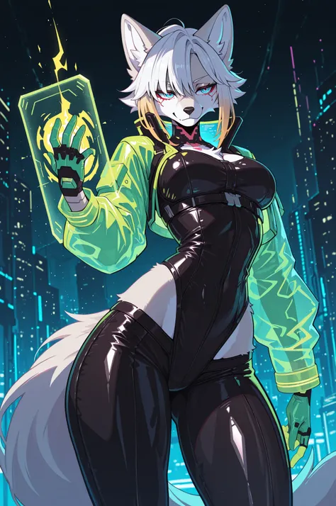 masterpiece, best quality, absurdres, newest, 1girl, cyberpunk girl, furry, furry female, anthro furry female arctic_fox, pinup high tech cyberpunk outfit, sexy pose, posing, scifiback, eerie green shimmer from contaminated mist , collapsible energy shield...