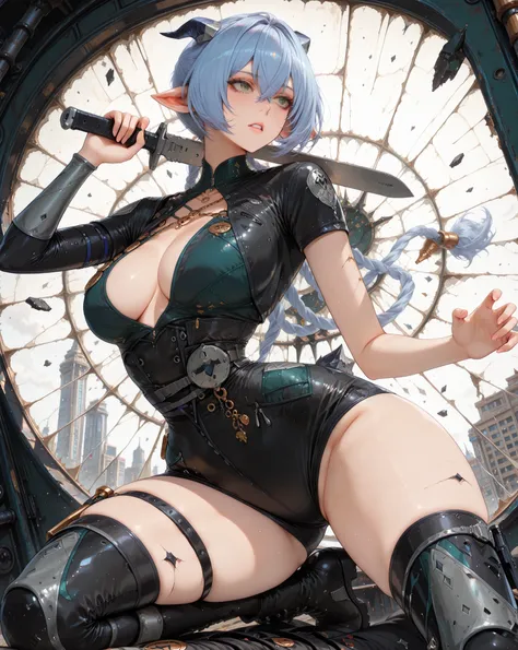 (masterpiece, best quality, ultra-detailed), (full body shot, character in frame, wide angle, dynamic pose, low angle shot), (1girl:1.2), short blue hair, hair between eyes, short goat horns on top of head, pointed ears, green eyes, unique outfit, cut-out ...