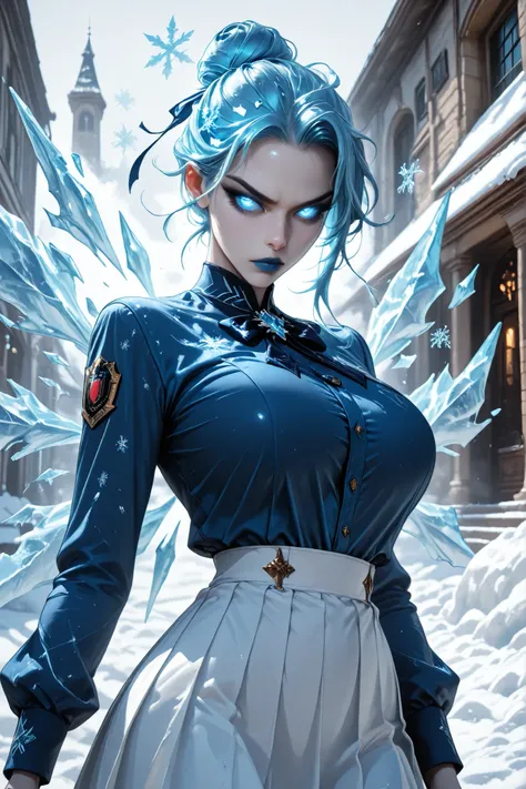 CoolgirlHDR, UHD, masterpiece, anatomically correct, super detail, best quality, high-res, 16k, solo, 1girl, long made of ice hair bun, long forelock, ice hair decoration, icy blue eyes, long eyelashes, blue cat eyeliner, royal blue lipstick, blue fingerna...