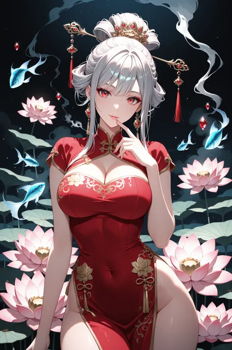 masterpiece, best quality, newest, soft lighting, 1girl, solo, ornate, dark blue, crimson red, gold embroidery, silver hair, updo, jewels and gems, finger on lips looking at viewer, lotus flower, pastel pink and white, dark background, floating fish, smoke...
