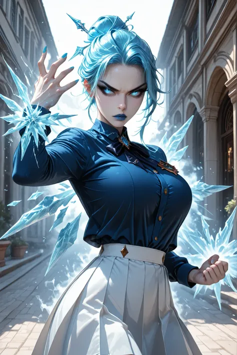 CoolgirlHDR, UHD, masterpiece, anatomically correct, super detail, best quality, high-res, 16k, solo, 1girl, long made of ice hair bun, long forelock, ice hair decoration, icy blue eyes, long eyelashes, blue cat eyeliner, royal blue lipstick, blue fingerna...