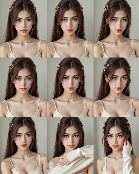 “A sophisticated portrait collage of a young woman, shown in a clean, neutral indoor setting across multiple frames. She has long, sleek dark brown to chestnut hair with subtle reddish undertones, parted in the middle and cascading over her shoulders. Her ...