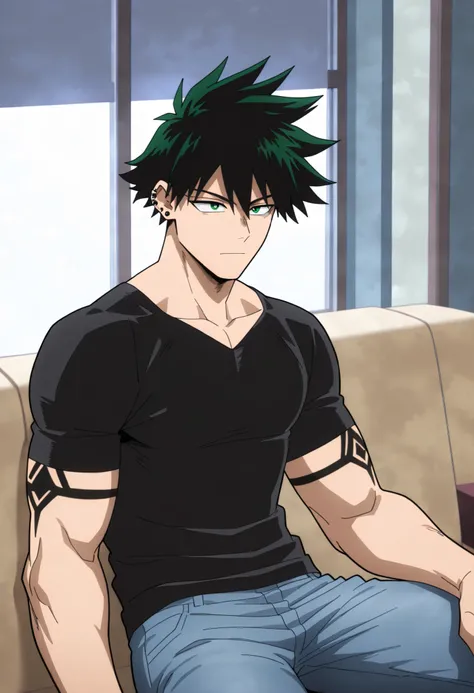 1 man, boku no hero anime style, all body, black hair, with white streak, V-shaped body, atletic body,ldetailed green eyes, black shirt, jeans, a bedroom, sitting on a sofa, window lighting, black tattoo on the right arm, details of the anime of Boku no He...