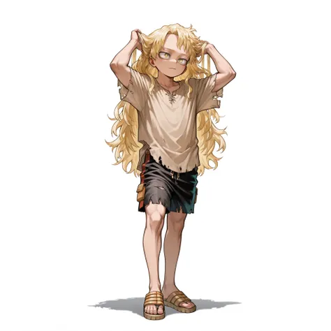 (male), (child boy), (slim body), (blonde hair), (very long hairstyle), (yellow eyes), (solo), (single character), (full body version), (white background), (no background), (highly detailed), (shadow), (standing pose), (natural light), (detailed outfit), (...