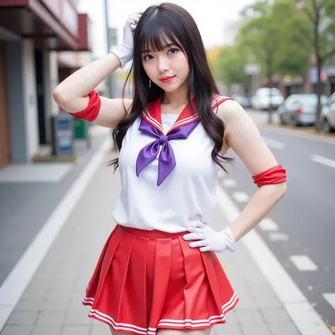 A beautiful dark-haired Japanese top idol woman with bangs is wearing a Japanese school uniform, latex rubber gloss, (sleeveless white shirt、red collar and red skirt、And purple ribbon), white gloves , putting one hand on her head and the other on her wai...