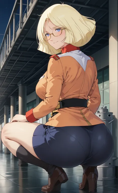 one girl, solo,Beautiful girl with 8 heads, (cowboy shot), 1980 \(style\), Saylamath,(Are you wearing cool gold-rimmed glasses:1.5), (beautiful blonde:1.5),smile, Shy, Middle Bust, on a pasture at night, pink orange military jacket wearing cool gold-rimmed...