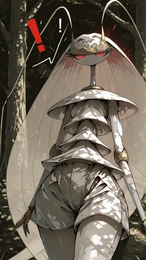 ((Pheromosa from Pokemon)), White Body,white misty forest Background,Wide Hips, Thin Waist, Very Thin Waist, ((Wasp Waist)), Solo, vibrant colors, cel shading, Simplistic Art Style, solo, (red single exclamation mark:1.5),((glowing red eyes:1.4)),(oyabun),...