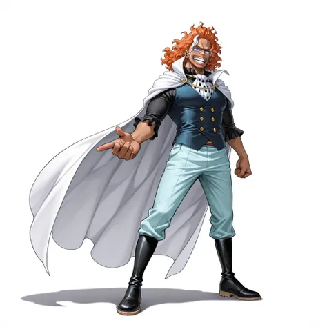 (male), (adult man), (slim body), (orange hair), (short wavy hair), (purple eyes), (clear glasses), (confident expression), (dark skin), (solo), (single character), (full body version), (white background), (no background), (highly detailed), (shadow), (sta...