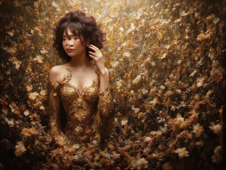 A talented female violinist with curly blonde hair, dressed in an elaborate, shimmering corset and a flowing skirt, performs passionately in a bustling, dimly-lit alleyway filled with vintage buildings. The environment is adorned with rustic lanterns and c...