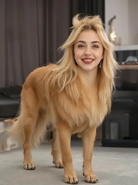(masterpiece, high quality, high resolution hairstyle, hyperrealistic photograph), Majestic anthropomorphic female dog, hybrid creature standing on the ground on its four legs, humanized canine anatomy in an elegant posture, beautiful female face with deli...