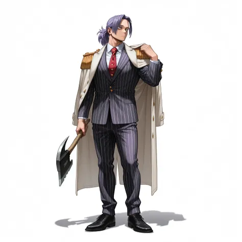 (male), (man), (modern mullet hairstyle, purple hair, ponytail), (black eyes), (standing pose), (solo), (single character), (full body version), (white background), (no background), (highly detailed), (shadow), (natural light), (detailed outfit), (detailed...