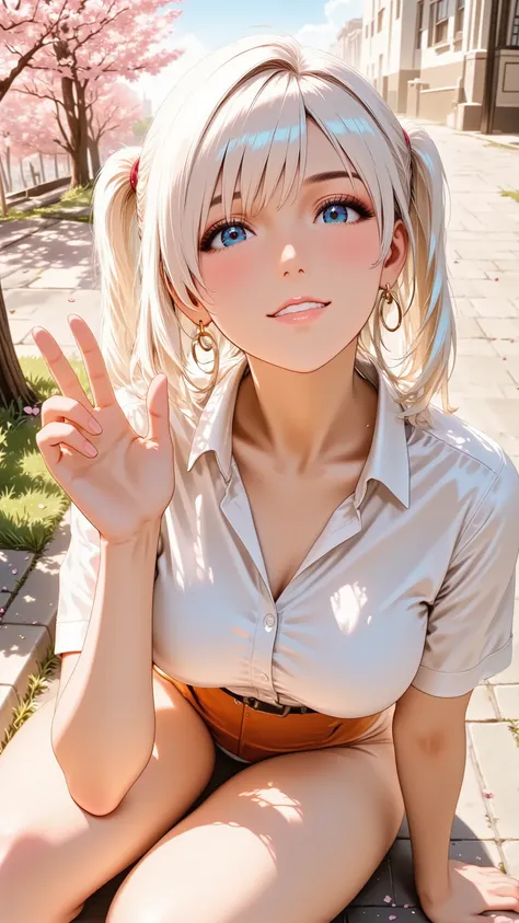 Anime style illustration, best quality, ultra detailed, vibrant colors, soft glow, kneeling pose, sitting upright, Extreme high-angle view, from directly above, Looking up at the camera, Thigh-up shot, An anime girl, cute smile, charming expression, one ha...