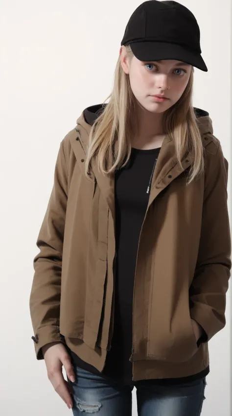 photo, 1girl, solo, cowboy shot, white background, rosewinters, blonde, blue eyes, cap, brown jacket, black hoodie, denim pants  score_8_up, score_7_up, score_6_up, score_5_up, score_4_up,