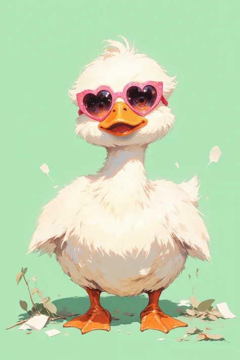 A whimsical digital painting of a fluffy white duck wearing oversized pink heart-shaped sunglasses. Soft pastel background in mint green. The texture resembles oil painting with visible brushstrokes. The duck has a curious and charming expression. The imag...