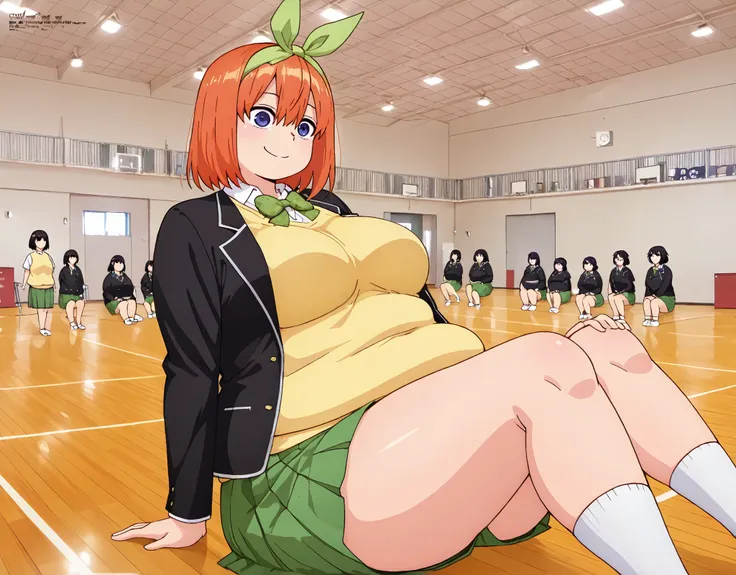 1girl,unwellness depressed y0tsuba, large breasts, orange hair, blue eyes, short hair, hair between eyes green bow hairband, black blazer, open blazer, yellow sweater vest, white collared shirt, bowtie, plaid bowtie, green skirt, pleated skirt,WeightChubby...