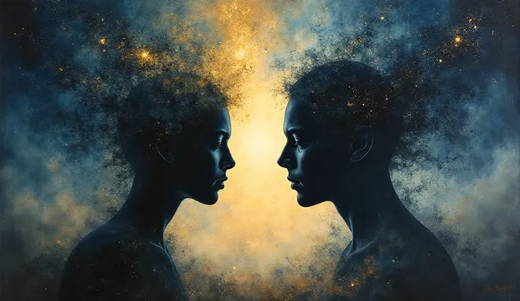 Symbolic oil painting showing two silhouettes — one made of light, the other of darkness — facing each other in a misty cosmic landscape. The air shimmers with golden dust. The sky filled with stars and deep blues. Emotional, psychological, symbolic art st...