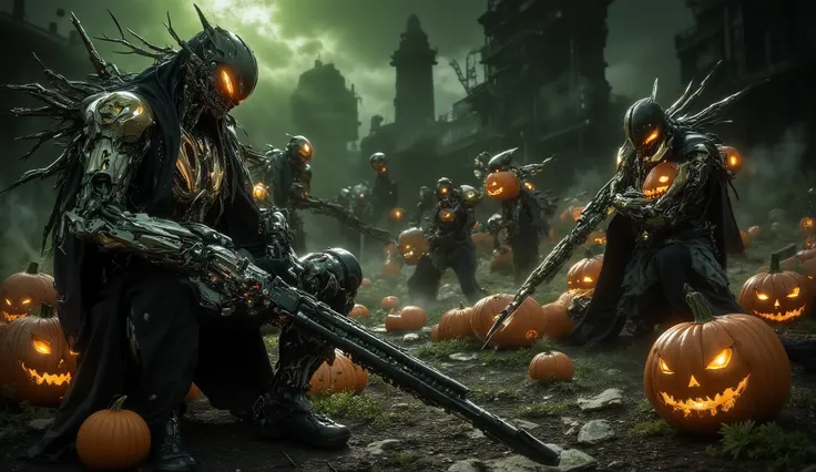 a serial army of robotic flashlights、mechanized pumpkin soldiers with unified design、creepy light, seeping from within、armed mechanical corps、is used a battle scene against the hordes of the ancients evil monsters、Another world, where there is a cemetery a...