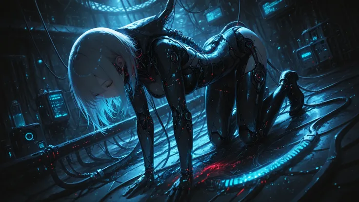 A girl immersed in nutrient solution , During surgery, , the internal structures are exposed , Mechanized human body, powered by advanced future technologies, , a skeleton made of carbon nanotubes, automated artificial heart, tubes, circulating artificial...