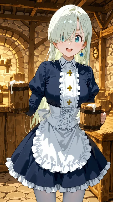1 Girl,Elizabeth liones,long hair,(blue soft iris grow:1.4),(wooden mug holding:1.5),Medieval Tavern,narrowed blue eyes,:1.7,open mouth smile,(navy maid uniform,:1.3),white corset,((white frill placket:1.5)),Off-Shoulder:1.2,long sleeve,(Pantyhose:1.4),pho...