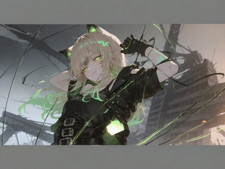 half-lynx girl in a powerful mid-air pose, upper body tilted slightly backward, both arms raised as if controlling glowing green–cyan energy threads swirling around her hands, threads forming elegant geometric arcs and flowing lines through the air, confid...