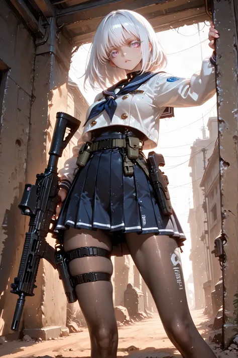 (masterpiece, Highest Quality, super detailed anime style digital painting holding a large assault rifle), 1girl, long white hair、White eyelashes、Girl in a Sailor Suit、pleated skirt、I'm holding a big assault rifle。a holster belt is attached only to the thi...