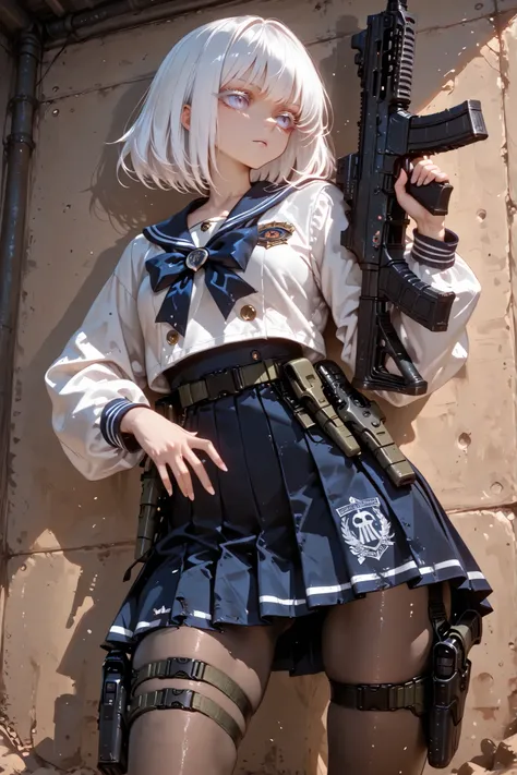 (masterpiece, Highest Quality, super detailed anime style digital painting holding a large assault rifle), 1girl, long white hair、White eyelashes、Girl in a Sailor Suit、pleated skirt、I'm holding a big assault rifle。a holster belt is attached only to the thi...
