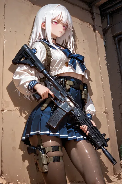 (masterpiece, Highest Quality, super detailed anime style digital painting holding a large assault rifle), 1girl, long white hair、White eyelashes、Girl in a Sailor Suit、pleated skirt、I'm holding a big assault rifle。a holster belt is attached only to the thi...
