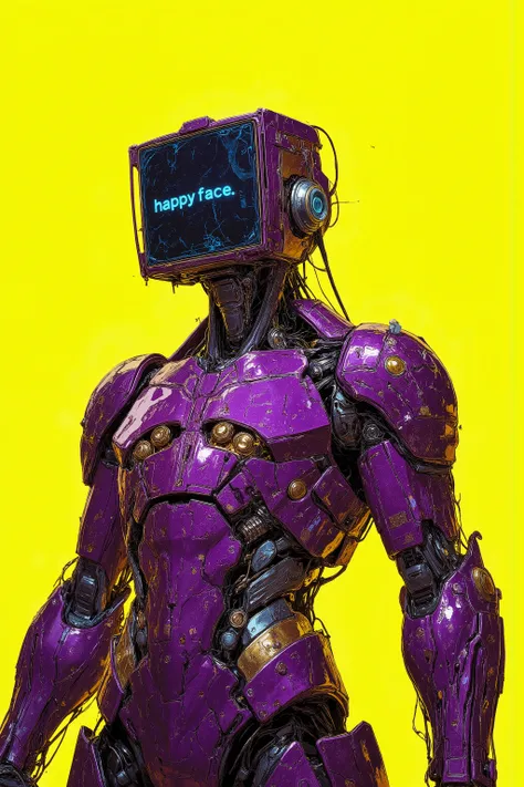 (A highly detailed) A futuristic android with a screen instead of a face that displays that says “happy face”. It has a purple body with metal and gold parts covered with scratches and wear marks. The background is a bright solid color (yellow, neon). The ...
