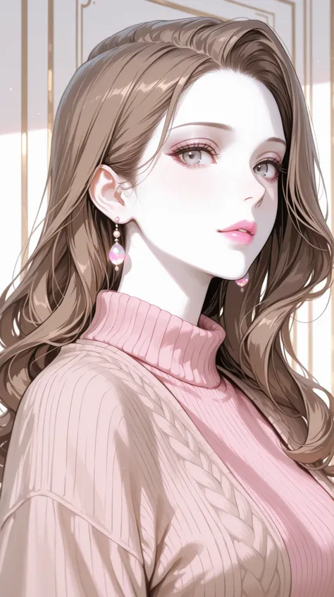 A girl with long wavy and flowing brown hair, gray eyes, calm features, white skin, light pink lip gloss. Perfect, wearing an olive sweater, formal jacket, elegant look, bright colors, high quality resolution .