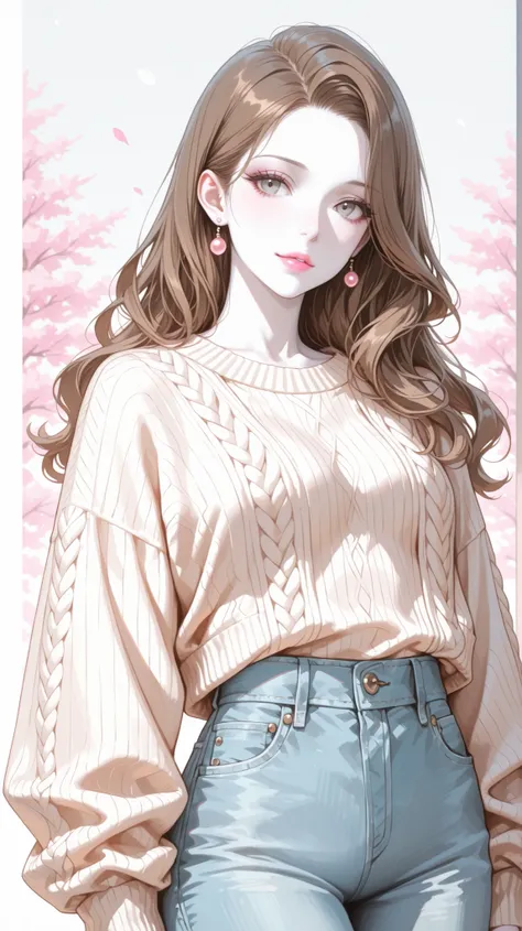 A girl with long wavy and flowing brown hair, gray eyes, calm features, white skin, light pink lip gloss. Perfect, wearing a sweater, jeans jacket, elegant look, bright colors, front look, high quality resolution .