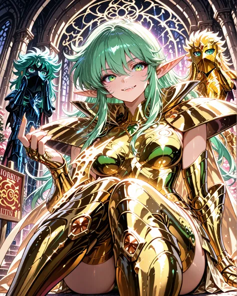 Front angle, close-up, (masterpiece, 4k, ultra detailed, vivid and vibrant colors), {1woman}:(a beautiful and attractive woman, short:1.12 green hair, green eyes, elf ears, and vampire fangs, wears golden armor inspired by the anime Saint Seiya, but in a v...