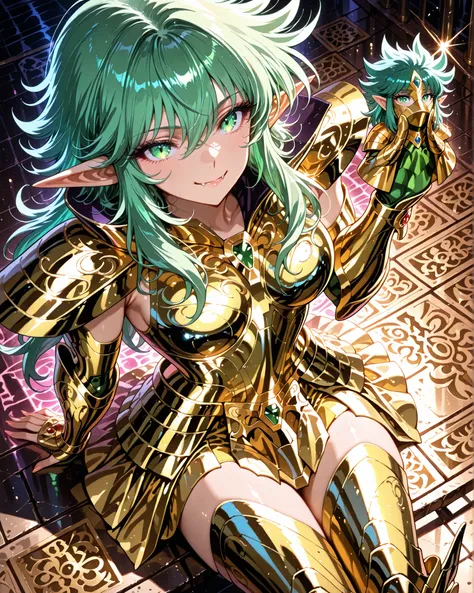 high angle, close-up, (masterpiece, 4k, ultra detailed, vivid and vibrant colors), {1woman}:(a beautiful and attractive woman, short:1.12 green hair, green eyes, elf ears, and vampire fangs, wears golden armor inspired by the anime Saint Seiya, but in a ve...