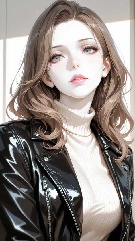 A girl with long wavy and flowing brown hair, gray eyes, calm features, white skin, light pink lip gloss, perfect, wearing a sweater, leather jacket, elegant looking, front look, high quality resolution .