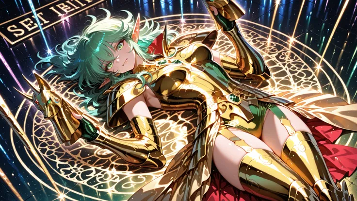 high angle, (masterpiece, 4k, ultra detailed, vivid and vibrant colors), {1woman}:(a beautiful and attractive woman, short:1.12 green hair, green eyes, elf ears, and vampire fangs, wears golden armor inspired by the anime Saint Seiya, but in a very reveali...