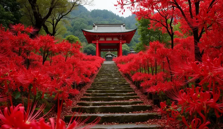(A vermilion Japanese temple appears after climbing the old mossy stone steps:1.5),(A magnificent old shrine appears after climbing the mossy stone steps:1.5), (A beautiful world of sunsets:1.5),A mysterious world),fantastic atmosphere,A fox fire is lit in...