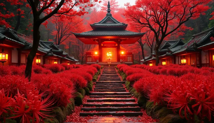 (A vermilion Japanese temple appears after climbing the old mossy stone steps:1.5),(A magnificent old shrine appears after climbing the mossy stone steps:1.5), (A beautiful world of sunsets:1.5),A mysterious world),fantastic atmosphere,A fox fire is lit in...